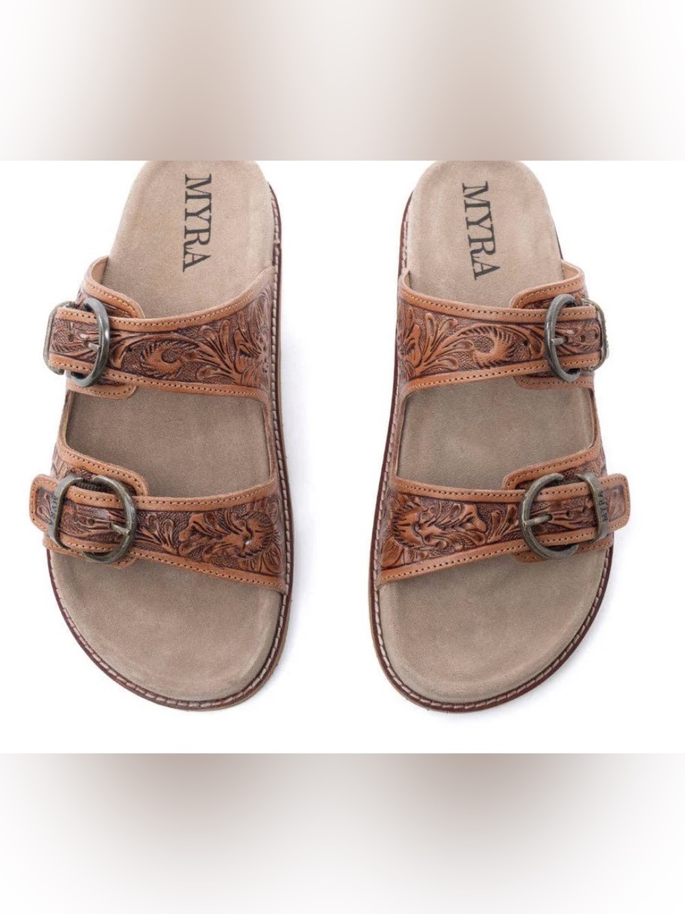 MYRA Desert Fern Handtooled Leather Sandals in Autumn Tan